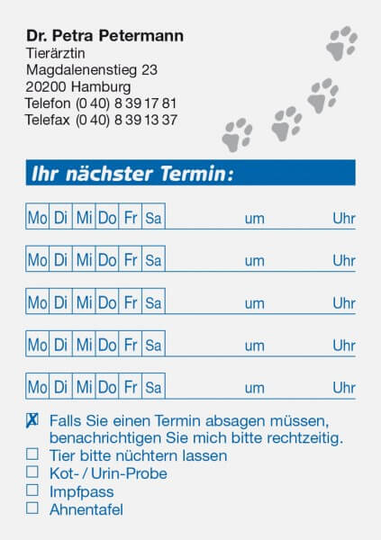 Terminzettel Pfoten für 5 Termine